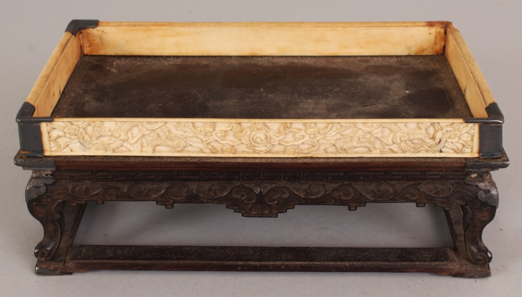 A GOOD 19TH CENTURY CHINESE RECTANGULAR HARDWOOD & IVORY STAND, supported on four scroll feet