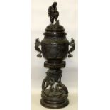 A LARGE JAPANESE MEIJI PERIOD BRONZE JARDINIERE & COVER ON STAND, the column of the stand and the