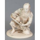 A GOOD QUALITY JAPANESE MEIJI PERIOD IVORY OKIMONO OF A KNEELING SHELL GATHERER, unsigned, with