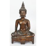 A GOOD 19TH CENTURY THAI BRONZE BUDDHA SHAKYAMUNI, seated in meditation on a raised and footed