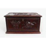 A GOOD & UNUSUAL 19TH CENTURY CHINESE CARVED HARDWOOD RECTANGULAR CHEST, possibly a seaman's