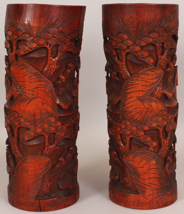 A LARGE PAIR OF EARLY 20TH CENTURY CHINESE CARVED BAMBOO CYLINDRICAL BRUSH POTS, each decorated with - Image 2 of 8