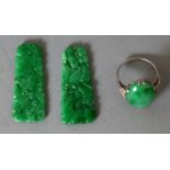 A GOOD PAIR OF 20TH CENTURY CHINESE APPLE-GREEN JADEITE EARRING PENDANTS, carved and pierced with