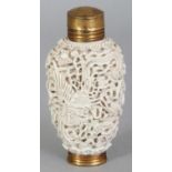 A CHINESE WHITE GLAZED PORCELAIN SNUFF BOTTLE, mounted as a scent bottle with brass fittings, the