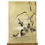 A LARGE SIGNED JAPANESE MEIJI PERIOD PAINTING ON SILK, mounted on board, painted with calligraphy