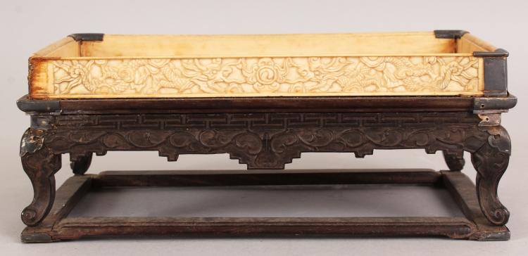 A GOOD 19TH CENTURY CHINESE RECTANGULAR HARDWOOD & IVORY STAND, supported on four scroll feet - Image 4 of 9