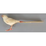 AN EARLY 20TH CENTURY JAPANESE STAINED IVORY CARVING OF A BIRD, with extended tail, its wings