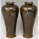 A PAIR OF JAPANESE MEIJI/TAISHO PERIOD GILT & SILVER-METAL INLAID PATINATED BRONZE VASES, each