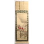 A JAPANESE HANGING SCROLL PAINTING ON SILK, circa 1900, together with a fitted wood scroll box,