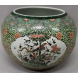 A GOOD LARGE 19TH CENTURY CHINESE YELLOW GROUND FAMILLE VERTE PORCELAIN JARDINIERE, the rounded