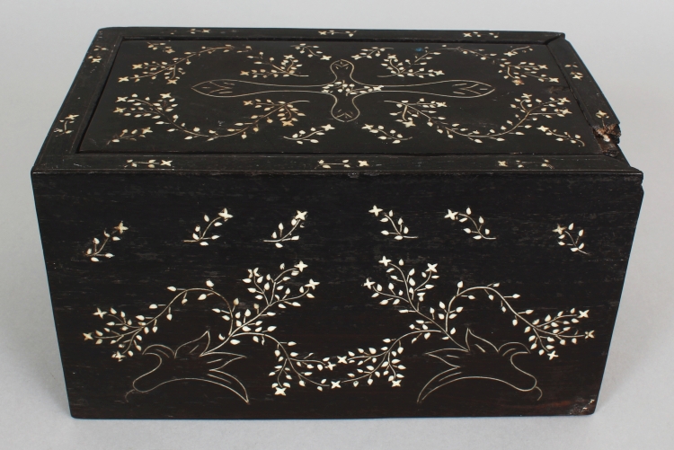 AN EASTERN BONE INLAID HEAVY HARDWOOD RECTANGULAR BOX, with sliding cover, decorated with meandering - Image 2 of 7