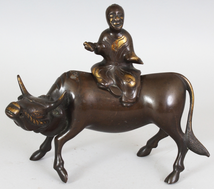 A CHINESE LATE MING STYLE BRONZE CENSER & COVER, cast in the form of a boy seated on the back of a
