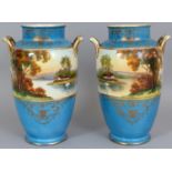 A PAIR OF EARLY 20TH CENTURY JAPANESE NORITAKE PORCELAIN VASES, each painted with a European style