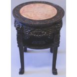 A GOOD QUALITY 19TH CENTURY CHINESE MARBLE TOP CIRCULAR CARVED HARDWOOD STAND, with pierced