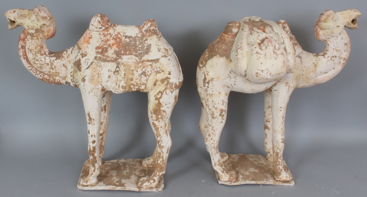 A LARGE PAIR OF BACTRIAN POTTERY CAMELS, possibly Tang Dynasty, each standing four square with - Image 4 of 9