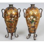 A GOOD PAIR OF JAPANESE MEIJI PERIOD SILVER MOUNTED SHIBAYAMA & GOLD LACQUER VASES, each supported