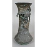 AN EARLY 20TH CENTURY JAPANESE BRONZE VASE, with sectional relief cast leaf and vine decoration,