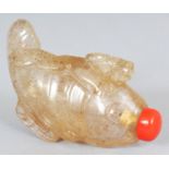 A 19TH/20TH CENTURY CHINESE HAIR ROCK CRYSTAL SNUFF BOTTLE & STOPPER, carved in the form of a