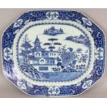 A LARGE 18TH CENTURY CHINESE QIANLONG PERIOD BLUE & WHITE PORCELAIN DISH, of chamfered rectangular