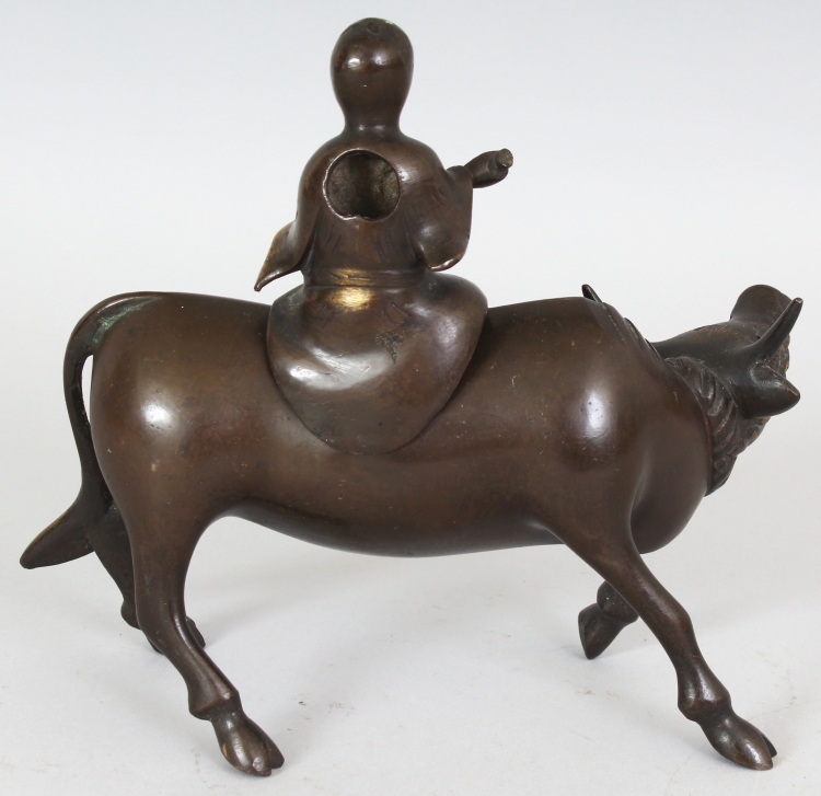 A CHINESE LATE MING STYLE BRONZE CENSER & COVER, cast in the form of a boy seated on the back of a - Image 3 of 9