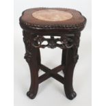 A 19TH/20TH CENTURY CHINESE MARBLE TOP HARDWOOD STAND, of smaller than average size, the frieze