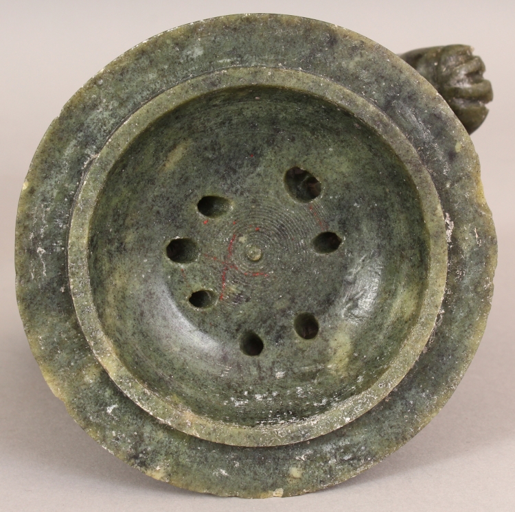 A CHINESE GREEN HARDSTONE CENSER & COVER, in the form of a Buddhistic Lion standing on a brocaded - Image 7 of 10