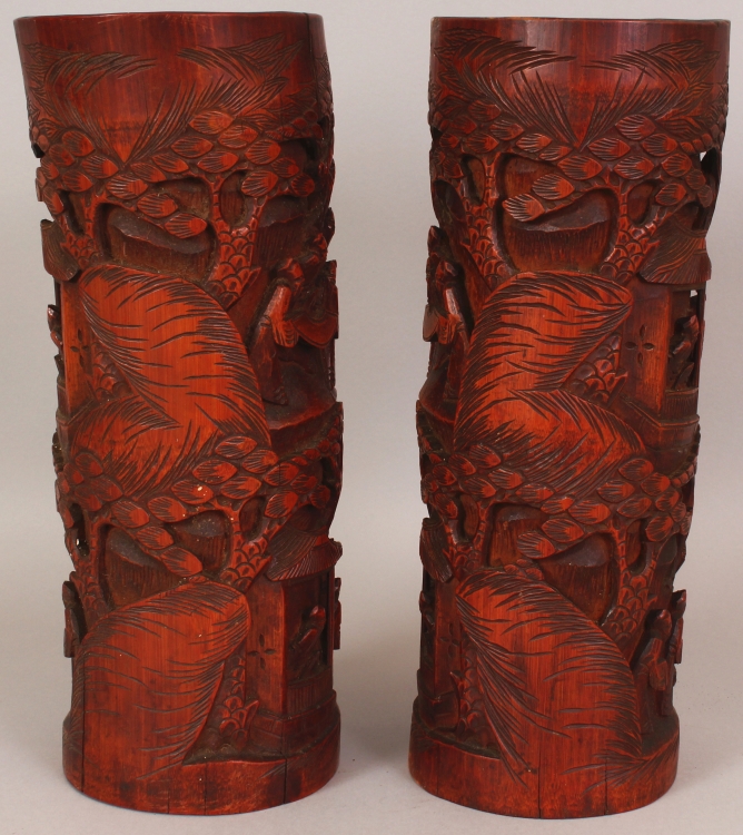 A LARGE PAIR OF EARLY 20TH CENTURY CHINESE CARVED BAMBOO CYLINDRICAL BRUSH POTS, each decorated with - Image 4 of 8