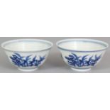 A SMALL PAIR OF GOOD QUALITY CHINESE BLUE & WHITE PORCELAIN TEA BOWLS, each decorated to the sides