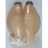 A CHINESE JADE DOUBLE SNUFF BOTTLE, with stoppers, the jade carved in the form of twin fish, 2in