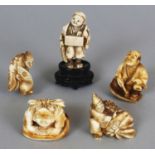 A GROUP OF FIVE JAPANESE MEIJI PERIOD IVORY NETSUKE & OKIMONO, some signed, various figural subjects