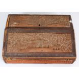 A 19TH CENTURY INDIAN CARVED SANDALWOOD WRITING BOX, with folding slope and lidded compartment, 13.