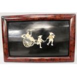 AN EARLY 20TH CENTURY JAPANESE MOTHER-OF-PEARL & BONE ONLAID RECTANGULAR FRAMED LACQUER PLAQUE,