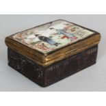 AN UNUSUAL LATE 18TH CENTURY CHINESE QIANLONG PERIOD FAMILLE ROSE & TORTOISESHELL BOX, the gilt
