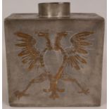 A RARE LARGE 18TH CENTURY CHINESE RUSSIAN MARKET RECTANGULAR GILT DECORATED PEWTER TEA CADDY, the