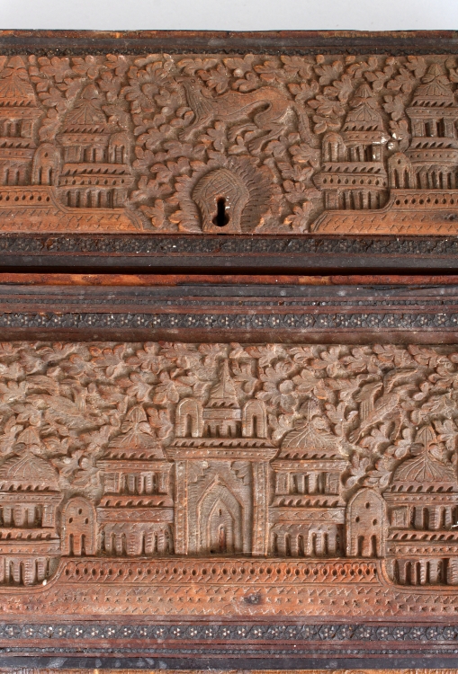 A 19TH CENTURY INDIAN CARVED SANDALWOOD WRITING BOX, with folding slope and lidded compartment, 13. - Image 2 of 6