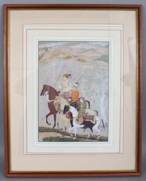 A FRAMED PERSIAN SUBJECT PRINT, depicting a group of riders, the frame 22.9in x 18.3in.