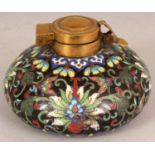 A 19TH CENTURY CHINESE CLOISONNE INK POT, with metal neck fittings, the sloping sides decorated with