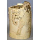 A GOOD QUALITY JAPANESE MEIJI PERIOD IVORY TUSK BOX & COVER, the sides carved in high relief with