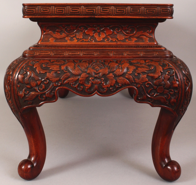 A FINE QUALITY 19TH CENTURY CHINESE RECTANGULAR CARVED HARDWOOD LOW STAND OR TABLE, the frieze - Image 3 of 10