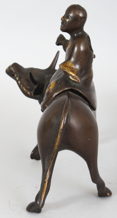 A CHINESE LATE MING STYLE BRONZE CENSER & COVER, cast in the form of a boy seated on the back of a - Image 4 of 9