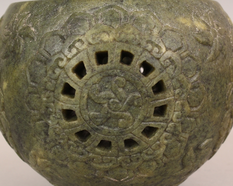 A CHINESE GREEN HARDSTONE CENSER & COVER, in the form of a Buddhistic Lion standing on a brocaded - Image 10 of 10