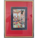 A FRAMED PERSIAN PAINTING ON PAPER, depicting a courtly scene, the frame 19.1in x 14.8in.