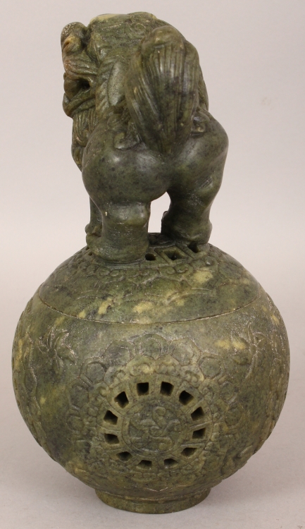 A CHINESE GREEN HARDSTONE CENSER & COVER, in the form of a Buddhistic Lion standing on a brocaded - Image 4 of 10
