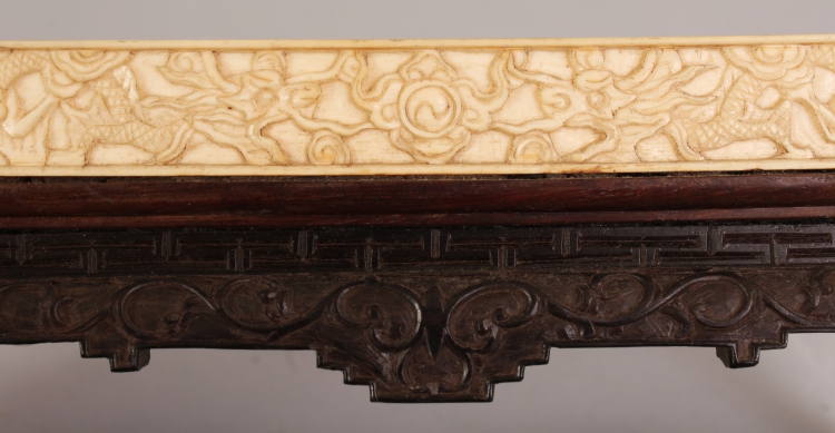 A GOOD 19TH CENTURY CHINESE RECTANGULAR HARDWOOD & IVORY STAND, supported on four scroll feet - Image 6 of 9