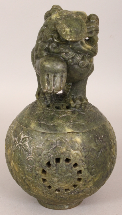 A CHINESE GREEN HARDSTONE CENSER & COVER, in the form of a Buddhistic Lion standing on a brocaded - Image 2 of 10