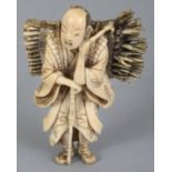 A GOOD QUALITY JAPANESE MEIJI PERIOD IVORY OKIMONO OF A STANDING FAGGOT GATHERER, unsigned, the reed