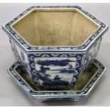 A LARGE 19TH CENTURY CHINESE BLUE & WHITE PORCELAIN JARDINIERE & STAND, of octagonal section, the