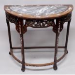 A GOOD QUALITY 19TH CENTURY CHINESE GREY MARBLE TOP AND MOTHER-OF-PEARL INLAID HARDWOOD DEMI-LUNE