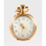 A SUPERB FRENCH GOLD AND ENAMEL FOB WATCH, the back with two children.