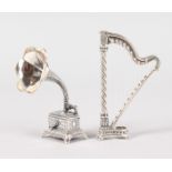 A MINIATURE SILVER HARP AND GRAMOPHONE (2).
